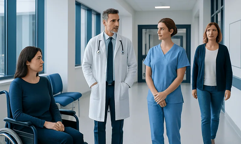 Doctor consulting female patient in hospital corridor with medical staff.
