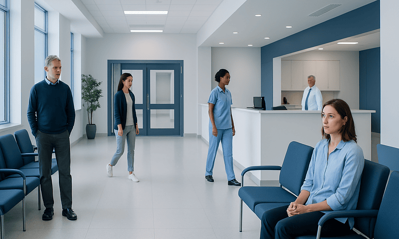 Patients waiting in a modern hospital reception area with staff and seating.