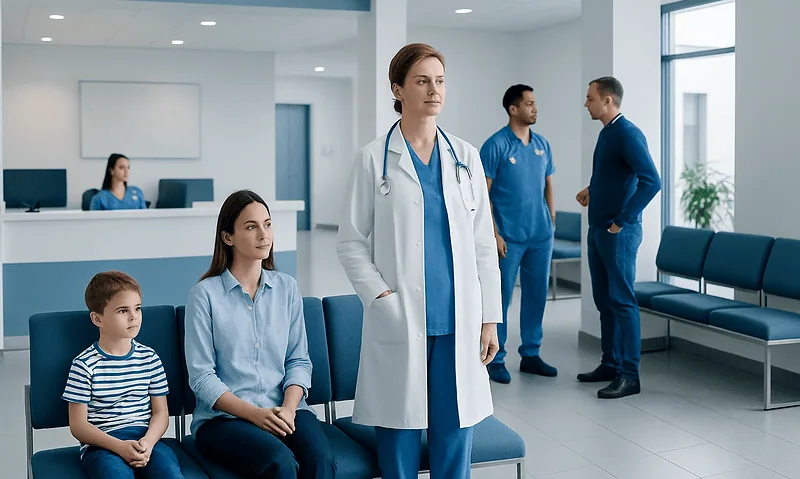 Medical professionals and patients in a hospital waiting area.