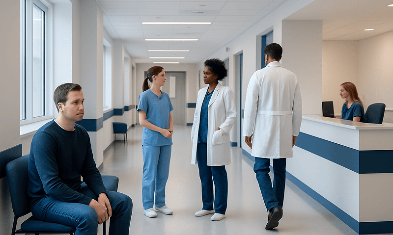 Patients and medical staff in a hospital corridor at Acibadem Hospitals Group.