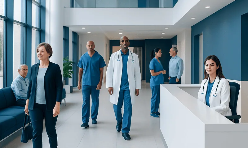 Diverse medical team in modern hospital corridor at Acibadem Hospitals Group.