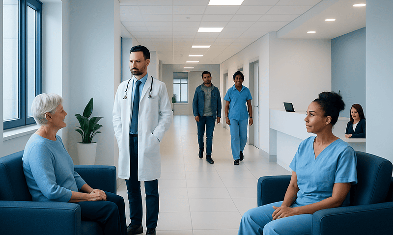 Medical consultation in a hospital corridor with doctors and patients.
