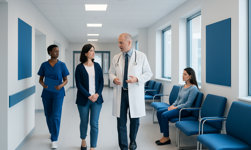 Medical team discussing patient care in hospital corridor.