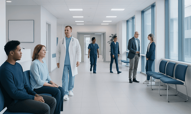 Medical professionals and patients in a hospital corridor with large windows.