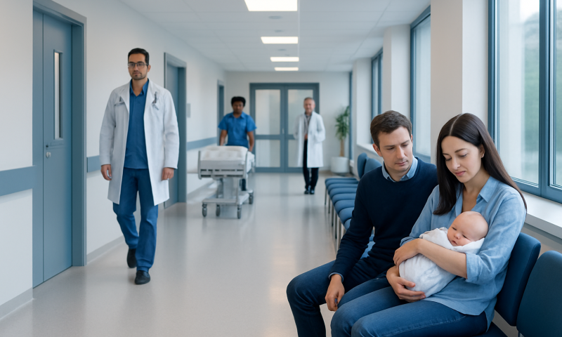 Newborn baby with parents in hospital corridor, medical staff in background.