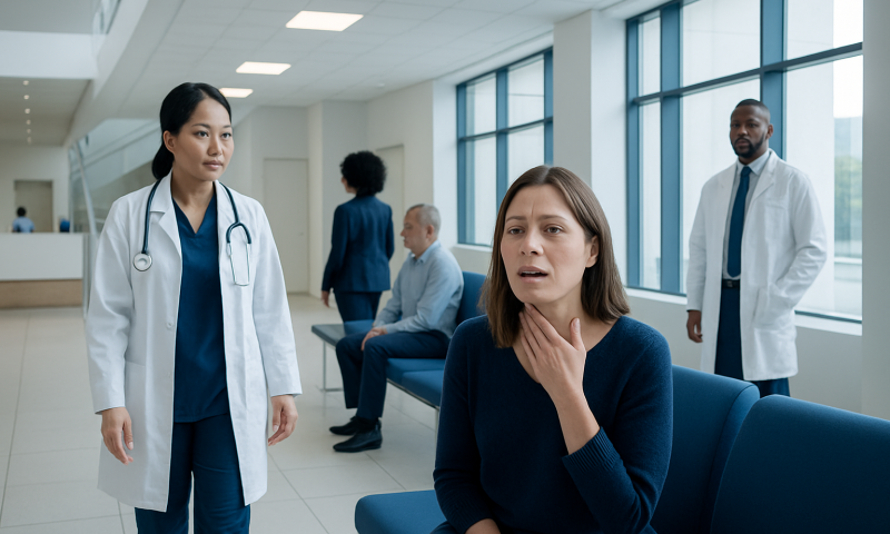 Patient experiencing throat discomfort in hospital waiting area.