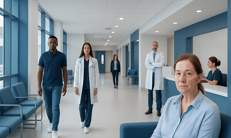 Medical professionals and patients in a hospital corridor at Acibadem Hospitals Group.