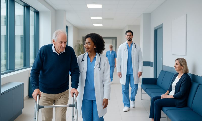 Elderly patient with walker walking with nurse in hospital corridor.