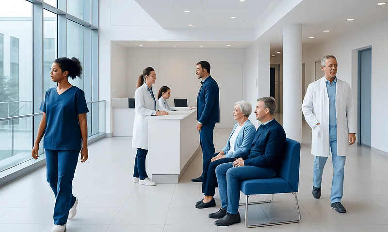 Modern hospital lobby with staff and patients engaging in various activities.