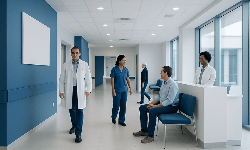 Medical professionals in a hospital corridor engaging with a patient.