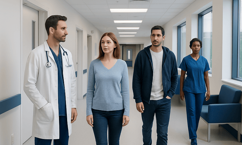 Medical team walking in hospital corridor at Acibadem Hospitals Group.