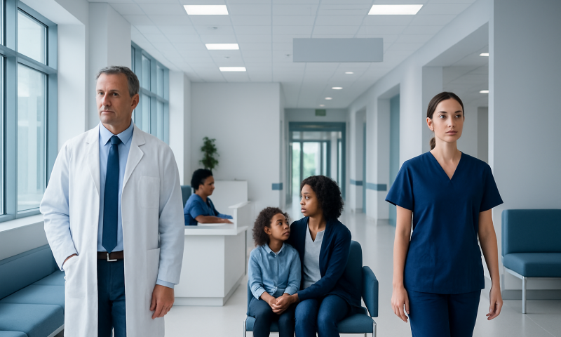 Medical professionals and children in a hospital waiting area.
