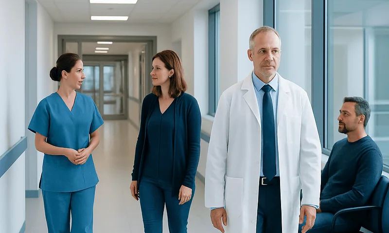Medical team discussing patient care in hospital corridor.