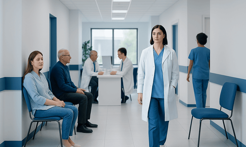 Medical professionals and patients in a hospital corridor.