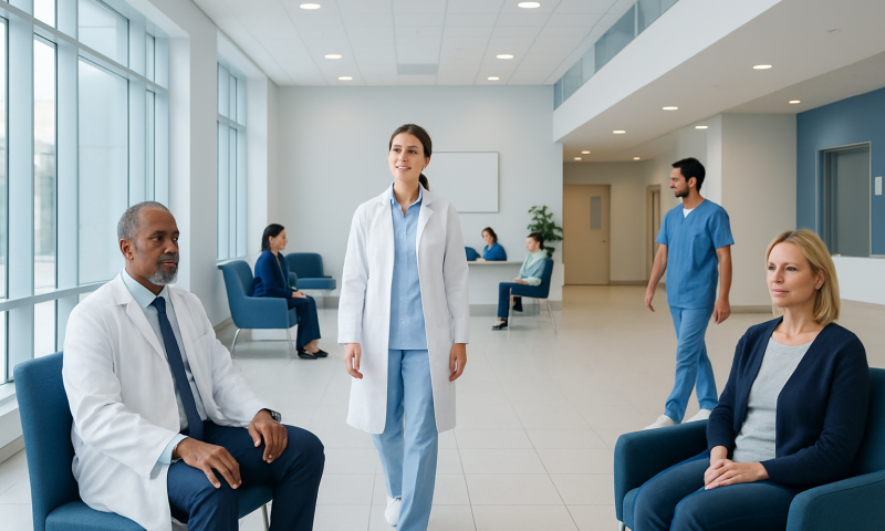Medical professionals and patients in a modern hospital waiting area.