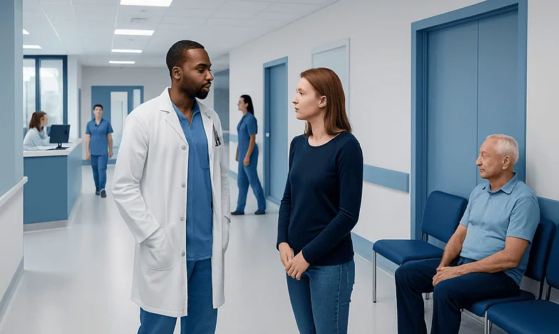 Doctor talking to patient in hospital corridor with waiting area.