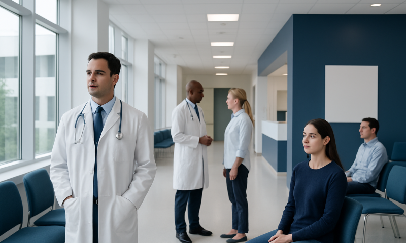 Medical professionals and patients in a modern hospital corridor.