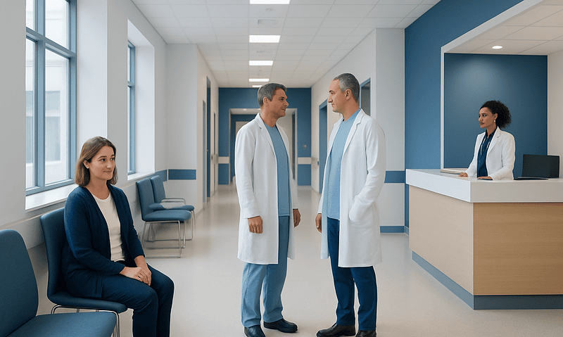 Health Library 15 Medical team discussing patient care in hospital corridor.