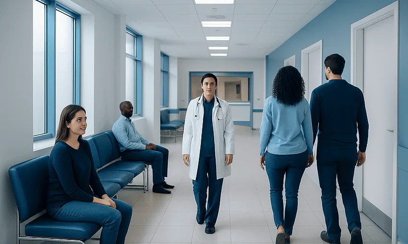 Health Library 13 Hospital corridor with patients and a doctor in a medical facility.