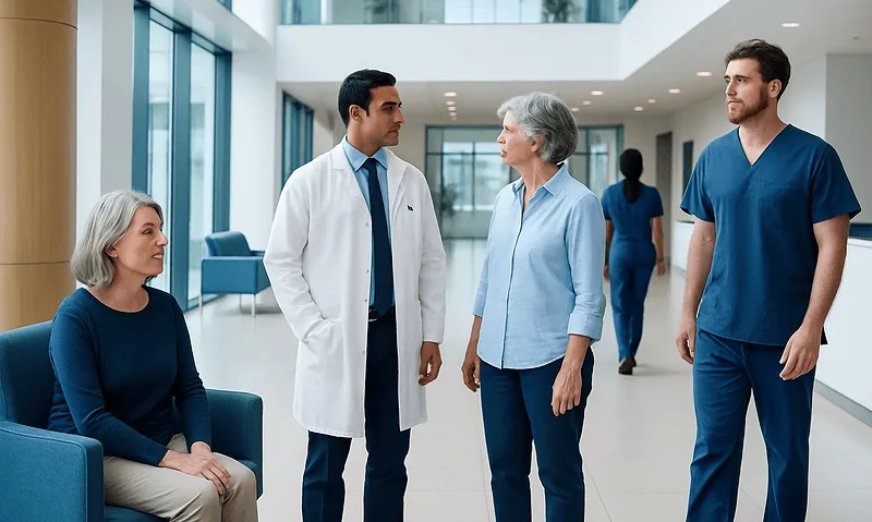 Medical team discussing patient care in hospital corridor.