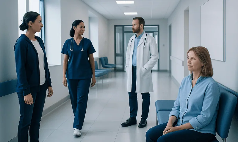 Medical team discussing patient care in hospital corridor.
