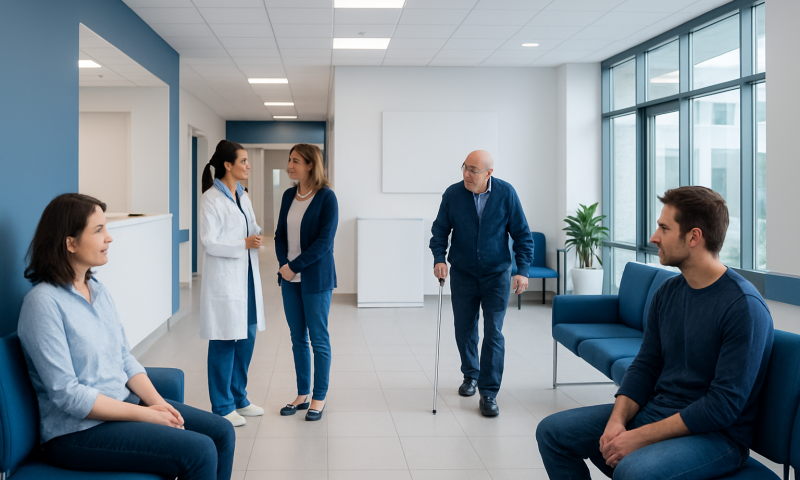 Patients and medical staff in a hospital corridor.