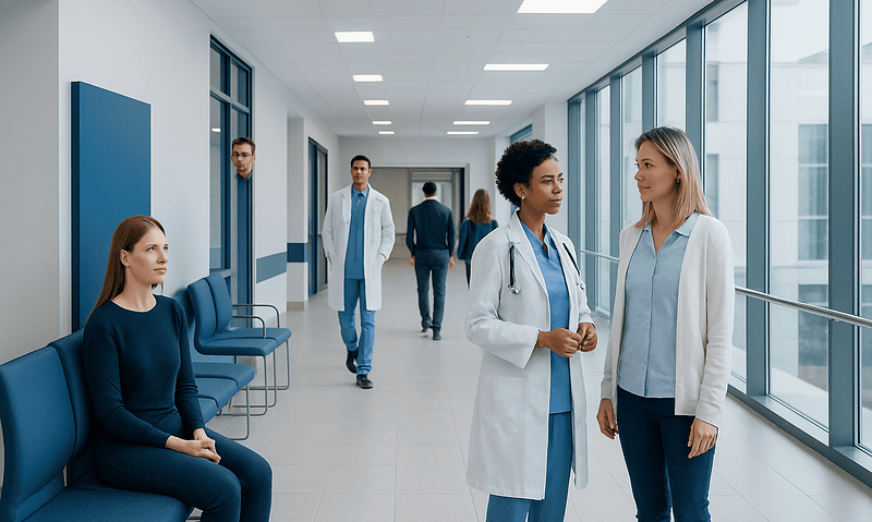 Medical professionals and patient in hospital corridor at Acibadem Hospitals Group.