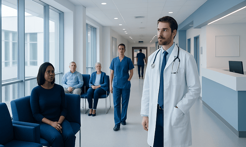 Medical consultation in a modern hospital corridor with doctor and patients.