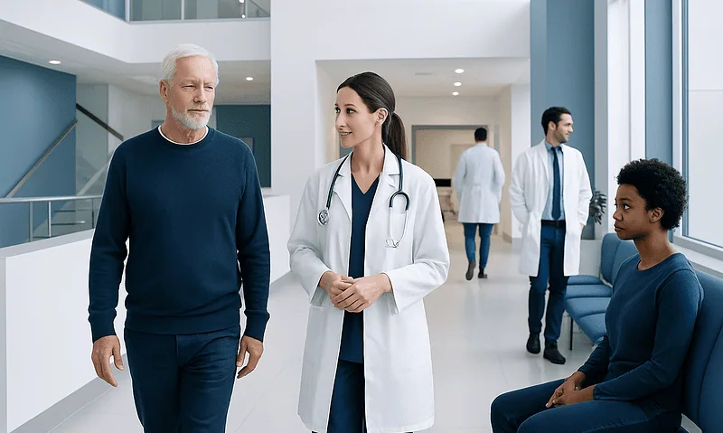Doctor consulting with elderly male patient in hospital corridor.