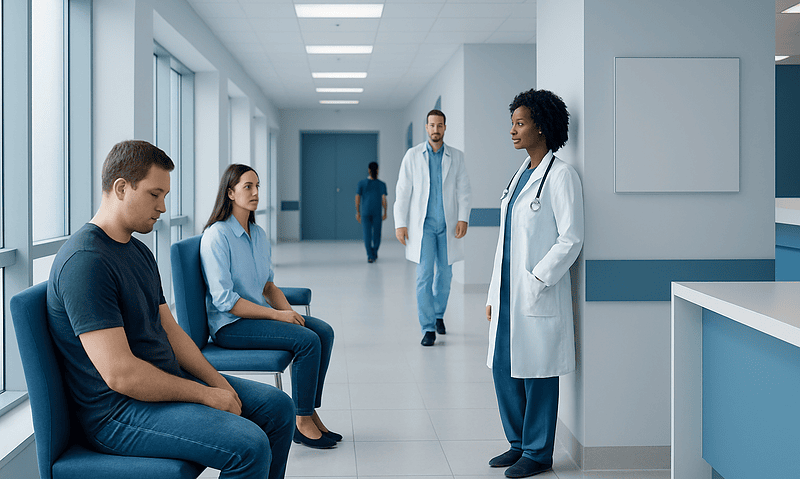 Medical consultation in a hospital corridor with healthcare professionals and patients.