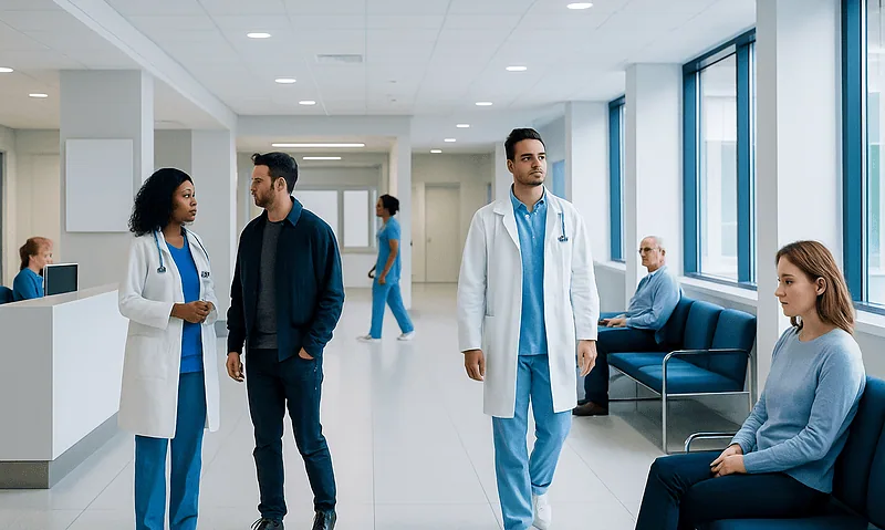 Medical professionals and patients in a hospital corridor at Acibadem Hospitals Group.