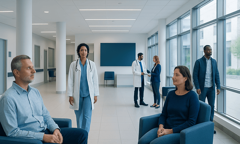 Medical consultation in a modern hospital waiting area with doctors and patients.