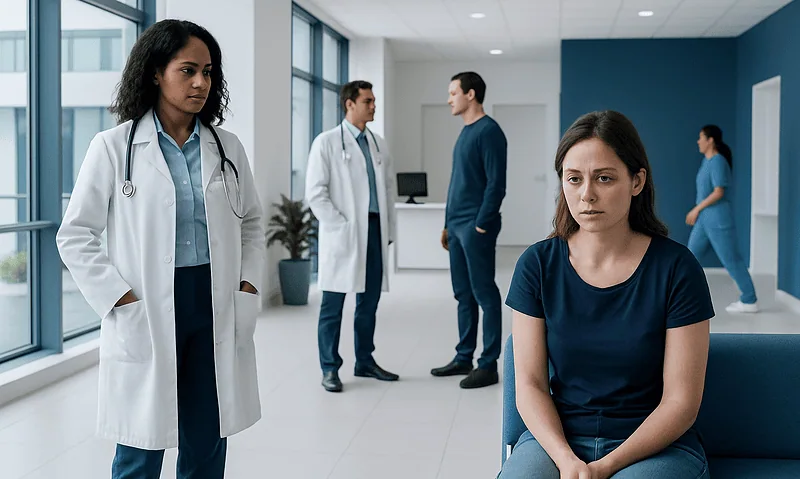 Medical professionals and a patient in a hospital corridor.