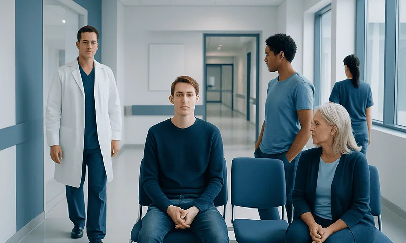 Young man in hospital waiting area with medical staff and visitors.