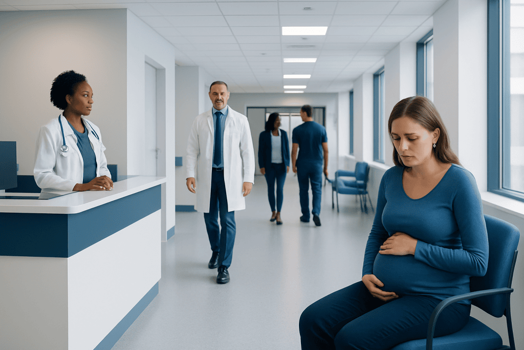 Diarrhea During Pregnancy: A Complete Clinical Guide for Patients 1 Pregnant woman in hospital corridor with medical staff and visitors.