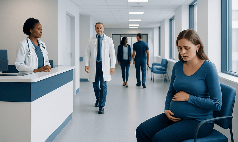 Pregnant woman in hospital corridor with medical staff and visitors.