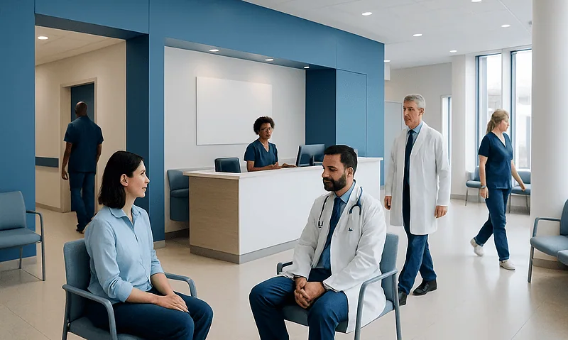 Medical consultation in a modern hospital waiting area with doctors and patients.