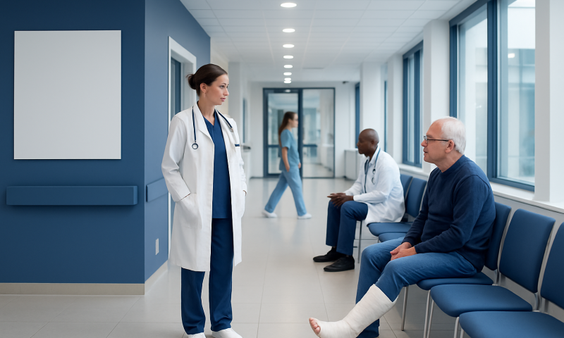 Doctor consulting with patient in hospital corridor with other patients nearby.