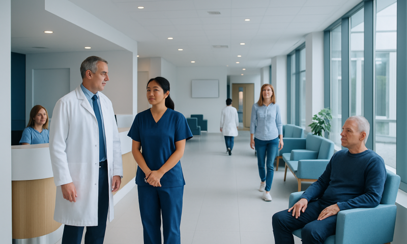 Medical staff and patients in a modern hospital corridor.