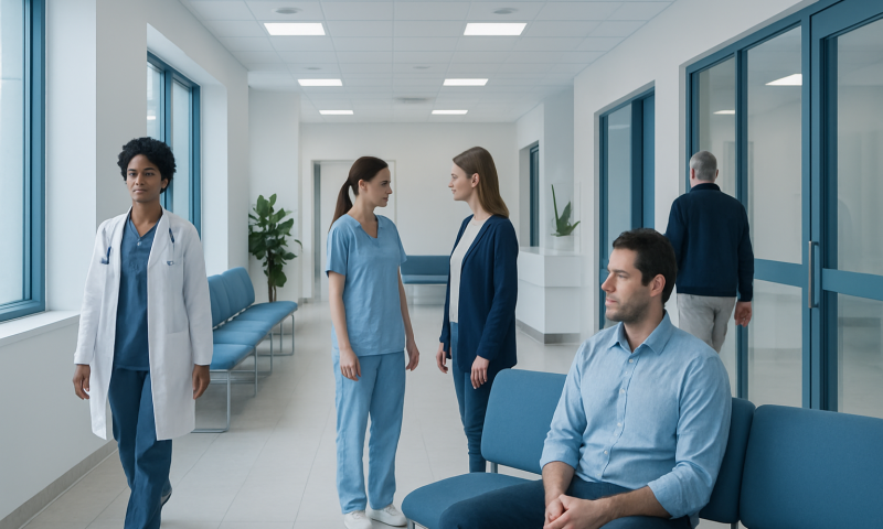 Hospital corridor with medical staff and patient in waiting area.