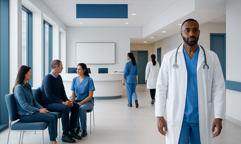 Medical professionals and patients in a modern hospital waiting area.