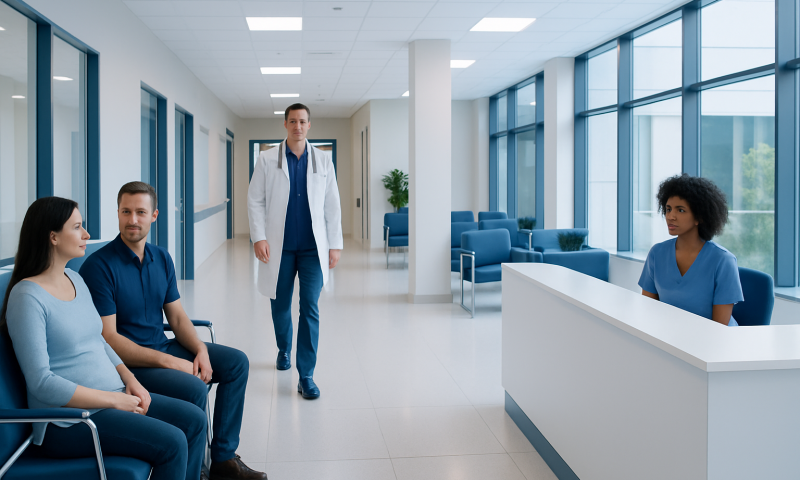 Medical consultation in a modern hospital waiting area with healthcare professionals and patients.