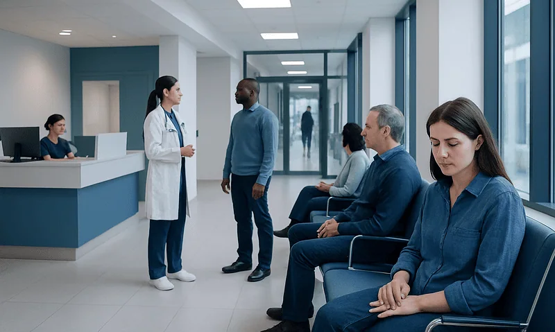 Patients waiting in a hospital corridor at Acibadem Hospitals Group.