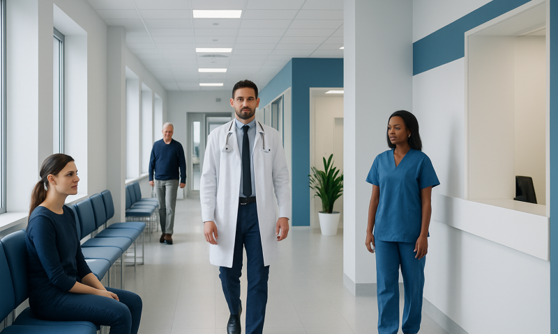 Medical professionals and patients in a hospital corridor at Acibadem Hospitals Group.