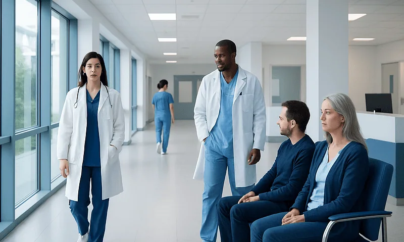 Medical team consulting with patients in a hospital corridor.