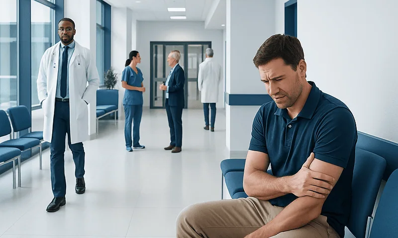 Man experiencing arm pain in hospital corridor with medical staff nearby.