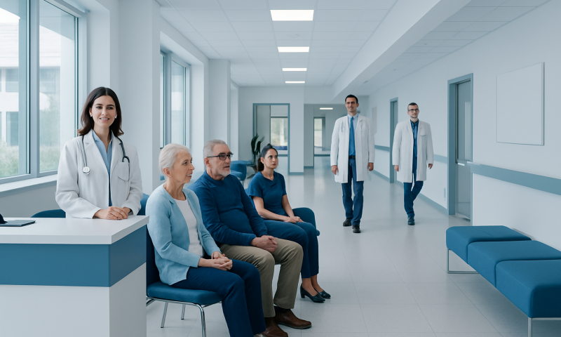 Medical team and patients in a hospital corridor at Acibadem Hospitals Group.