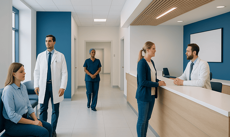 Modern hospital reception area with staff and patients.