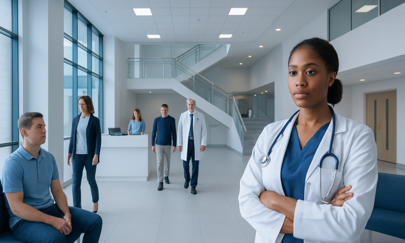 Diverse medical team in modern hospital lobby with a female doctor in foreground.