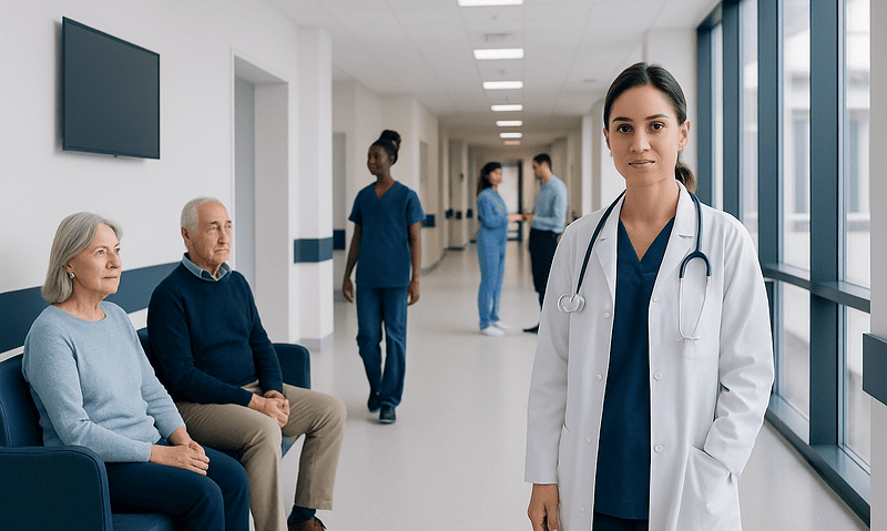 Healthcare professionals and patients in a modern hospital corridor.